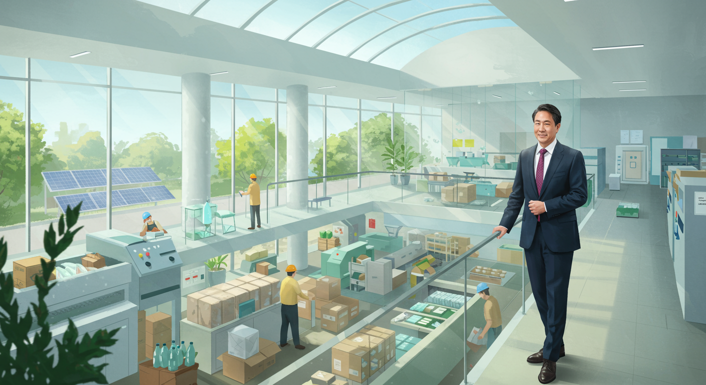 Business leader overseeing sustainable packaging operations in a modern EPR-compliant facility