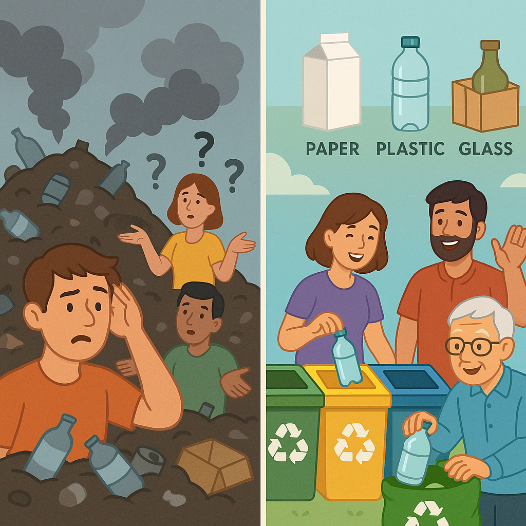 Comparison of improper waste dumping and proper recycling of paper, plastic, and glass by people