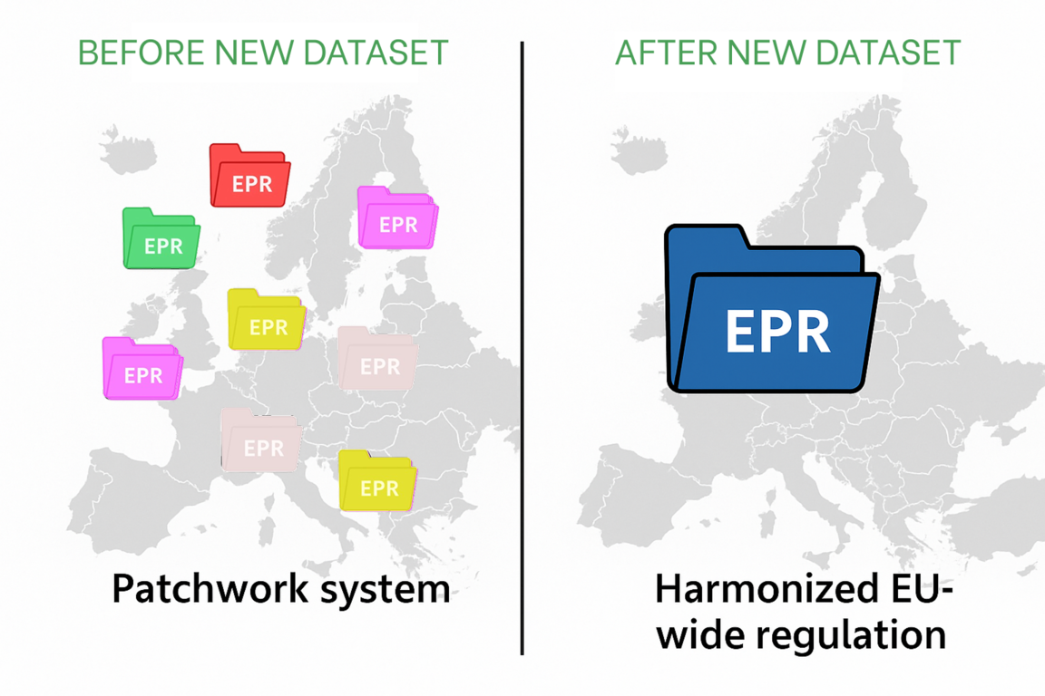Side-by-side map of Europe: left shows many national EPR folders (patchwork system); right shows one blue folder, symbolising harmonised EU EPR dataset.